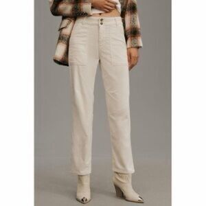 Pilcro Straight-Leg Corduroy Pants in Cream with Knee Darting